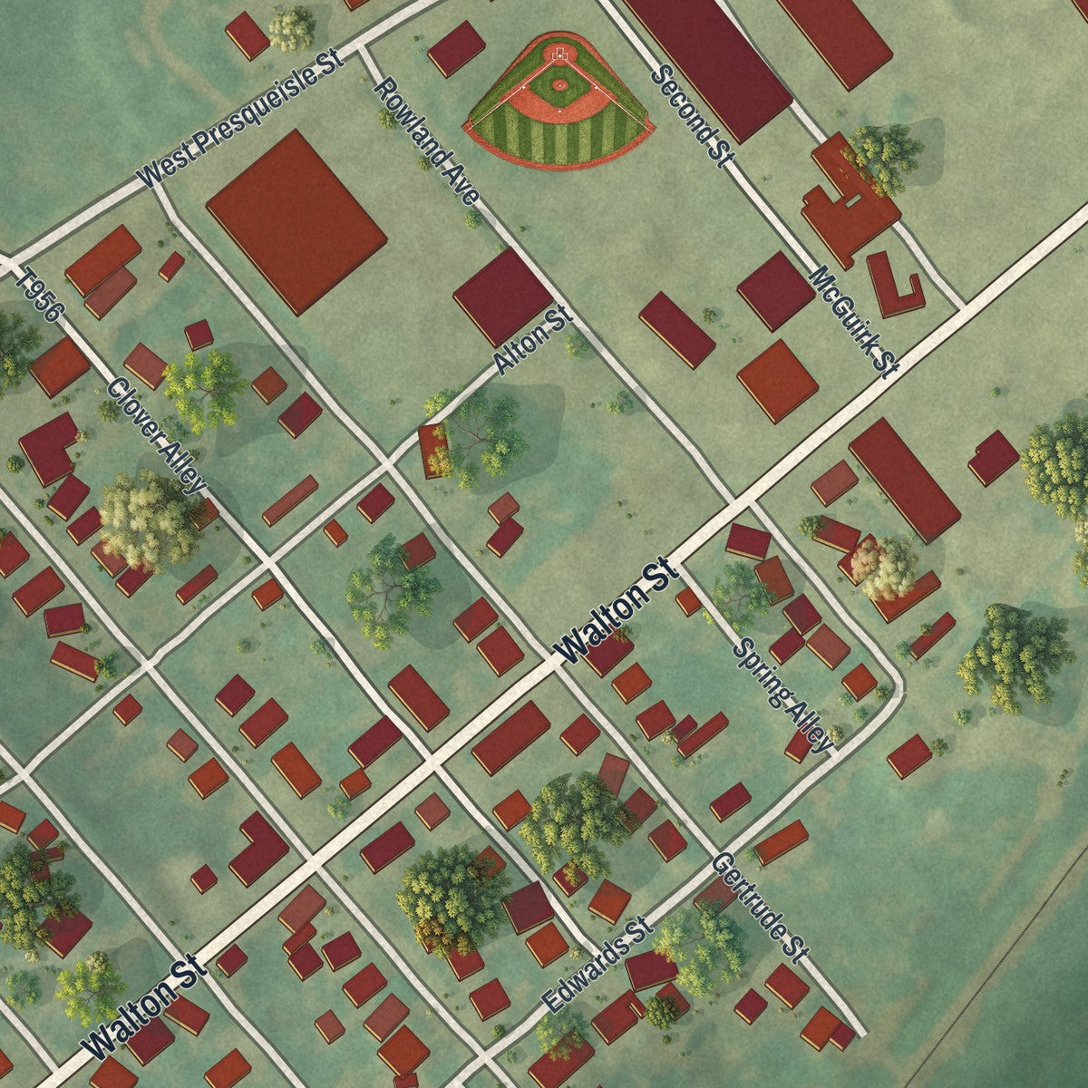 Second close-up of the map of Chester Hill, Pennsylvania print showing more streets and buildings