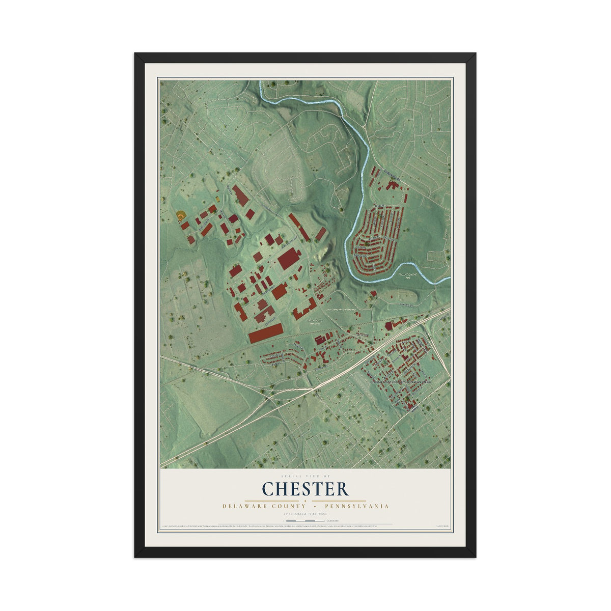 Map of Chester, Delaware County, Pennsylvania, 12 x 18 inch print in a black wood frame