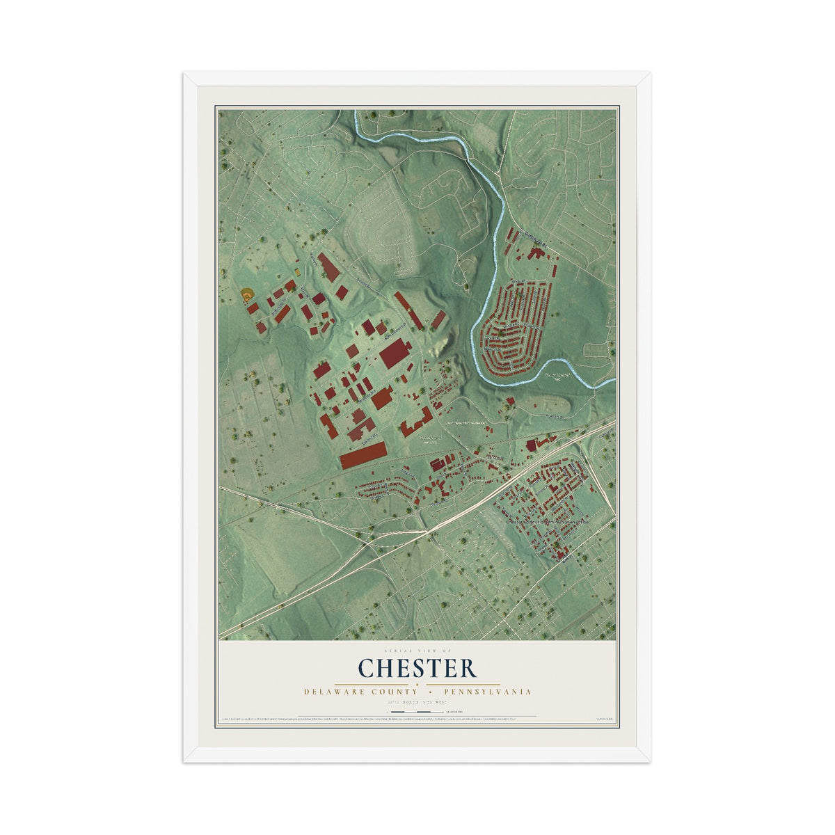 Map of Chester, Delaware County, Pennsylvania, 12 x 18 inch print in a white wood frame
