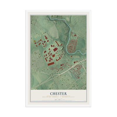 Map of Chester, Delaware County, Pennsylvania, 12 x 18 inch print in a white wood frame
