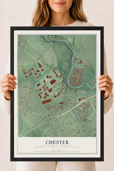 Map of Chester, Delaware County, Pennsylvania, 18 x 24 inch print in a black wood frame