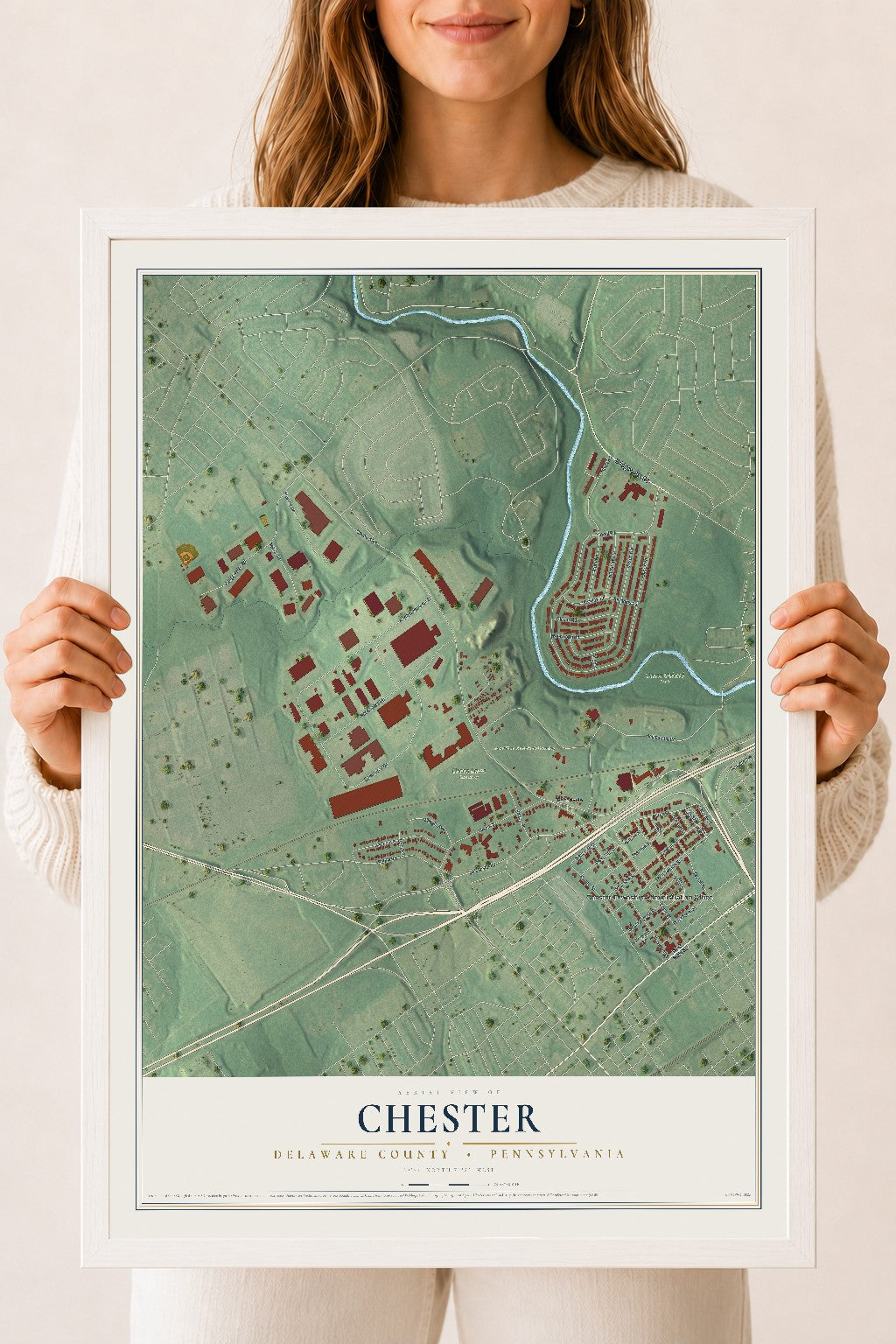 Map of Chester, Delaware County, Pennsylvania, 18 x 24 inch print in a white wood frame