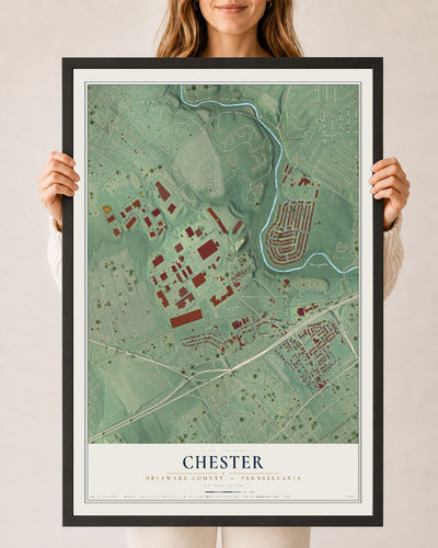 Map of Chester, Delaware County, Pennsylvania, 24 x 36 inch print in a black wood frame