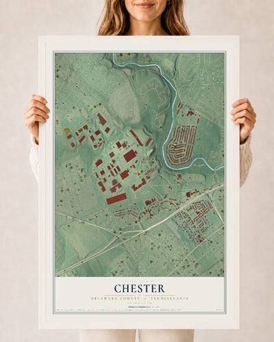 Map of Chester, Delaware County, Pennsylvania, 24 x 36 inch print in a white wood frame