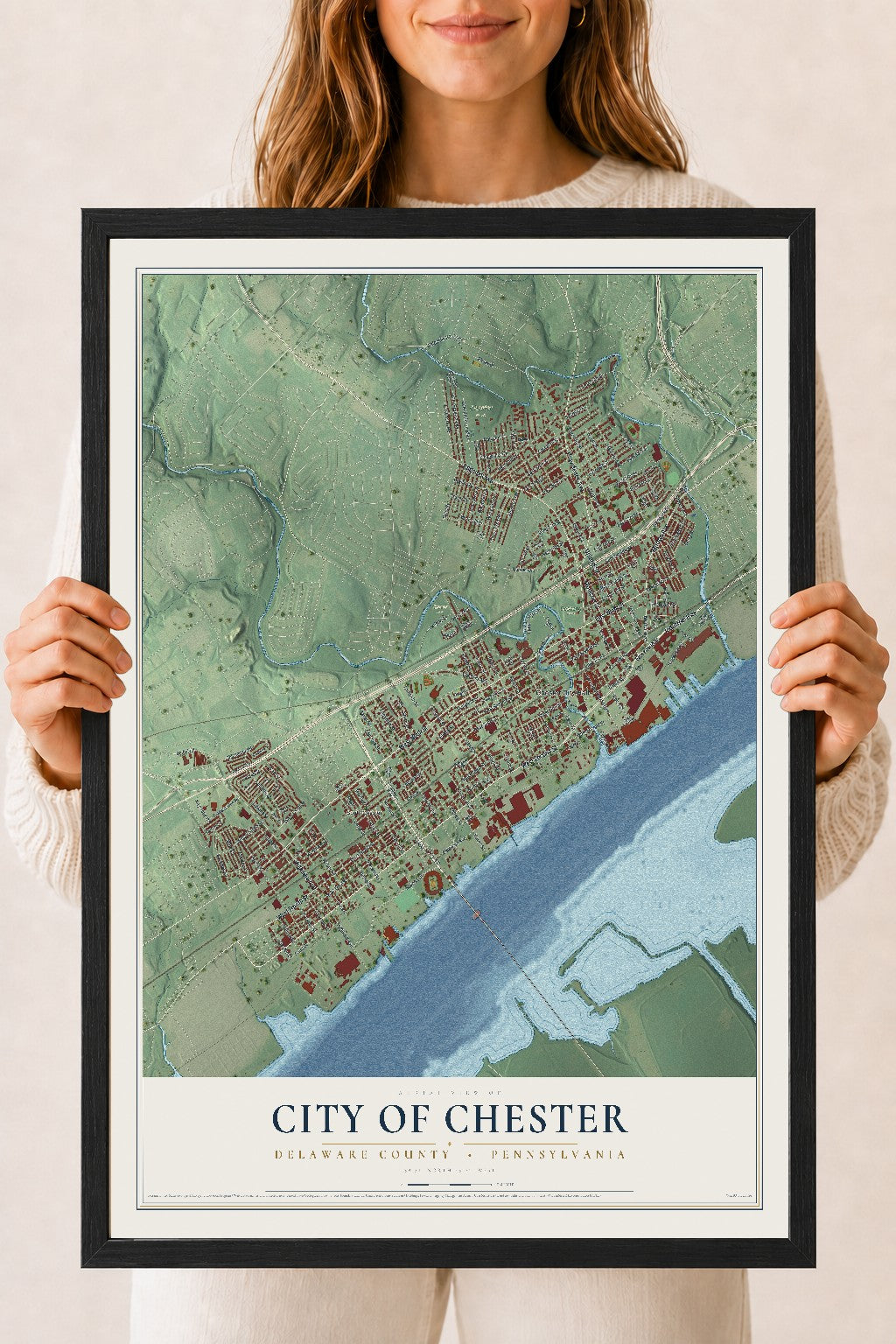 Map of the City of Chester, Delaware County, Pennsylvania, 18 x 24 inch print in a black wood frame