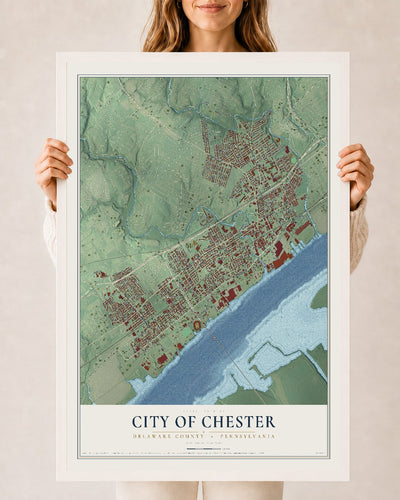 Map of the City of Chester, Delaware County, Pennsylvania, 24 x 36 inch print in a white wood frame