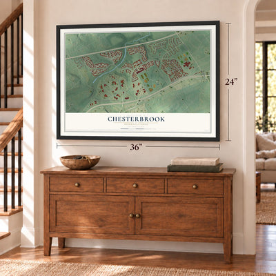 Chesterbrook, Pennsylvania map, 24 x 36 inch print in a black frame above a dresser by a staircase