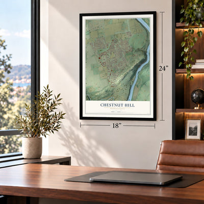 Chestnut Hill, Pennsylvania map, 18 x 24 inch print in a black frame in a home office