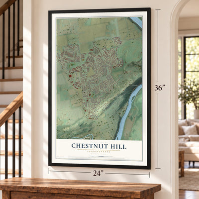 Chestnut Hill, Pennsylvania map, 24 x 36 inch print in a black frame by a staircase
