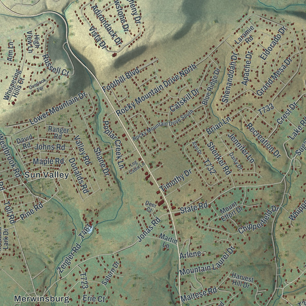 Close-up of the map of Chestnuthill, Pennsylvania print showing street and building detail