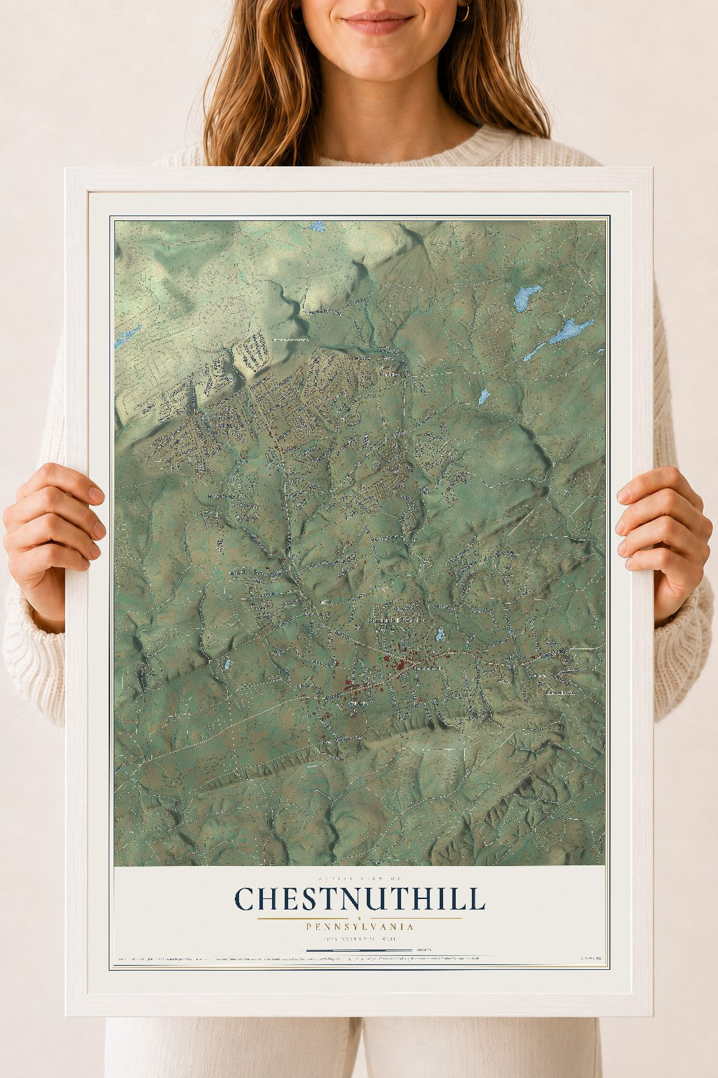 Map of Chestnuthill, Pennsylvania, 18 x 24 inch print in a white wood frame