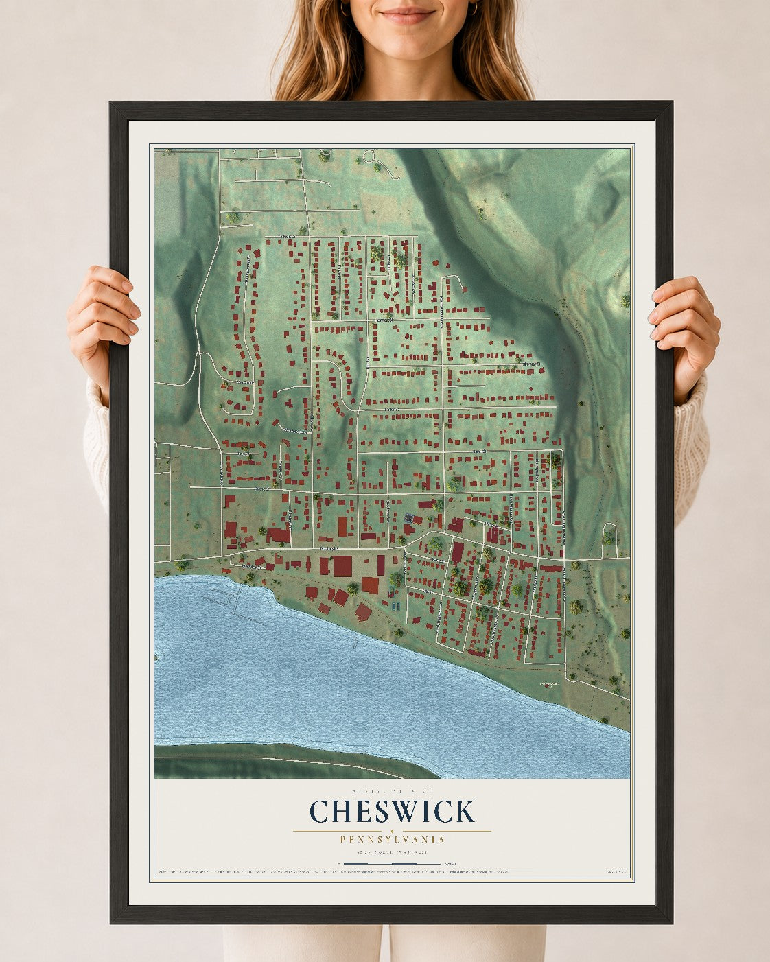 Map of Cheswick, Pennsylvania, 24 x 36 inch print in a black wood frame