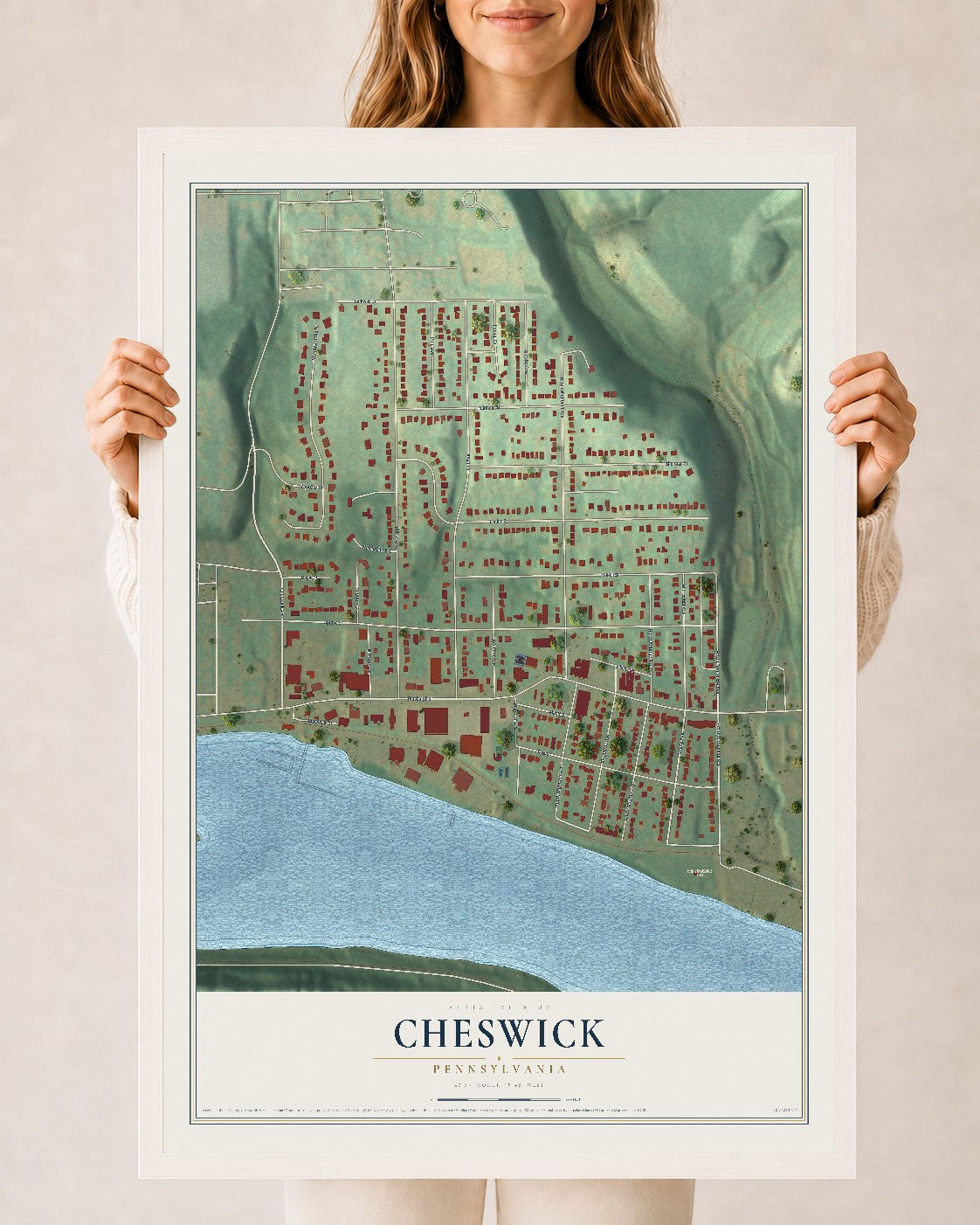 Map of Cheswick, Pennsylvania, 24 x 36 inch print in a white wood frame