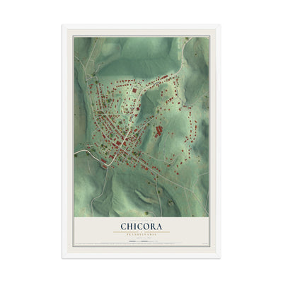 Map of Chicora, Pennsylvania, 12 x 18 inch print in a white wood frame