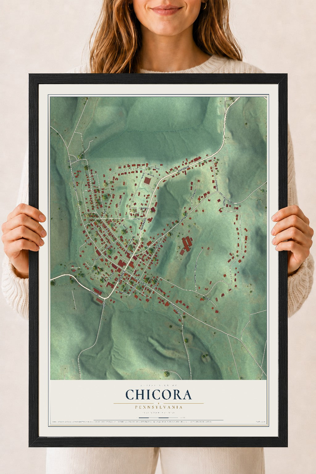 Map of Chicora, Pennsylvania, 18 x 24 inch print in a black wood frame