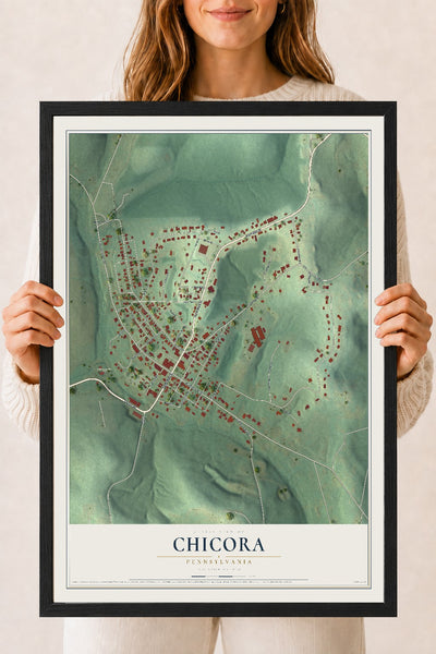 Map of Chicora, Pennsylvania, 18 x 24 inch print in a black wood frame