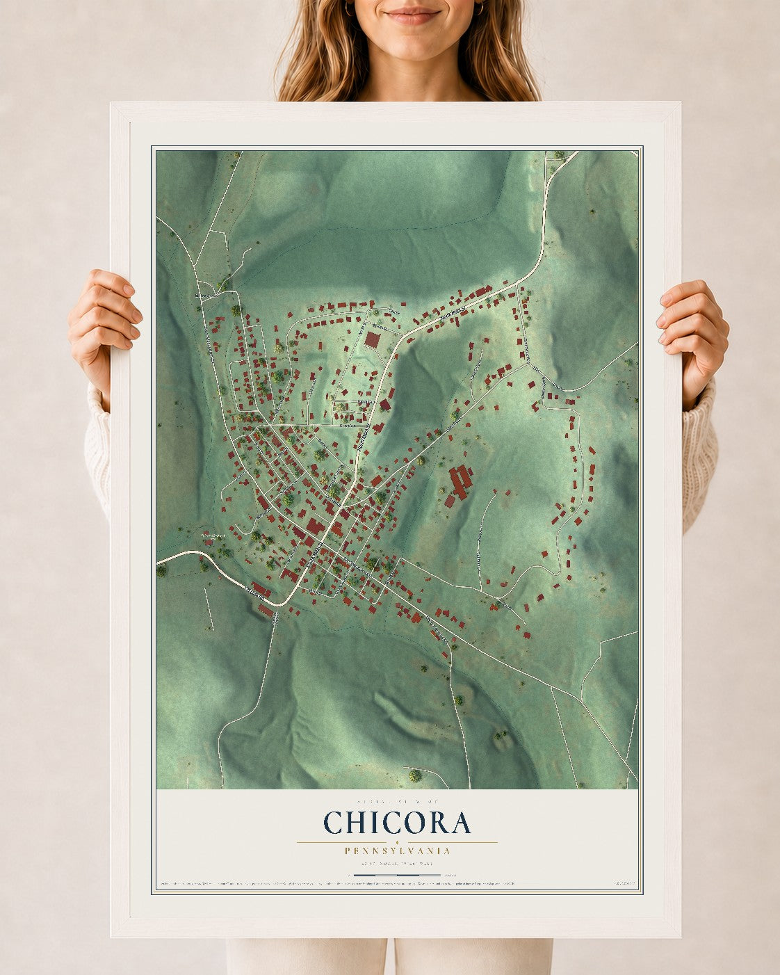 Map of Chicora, Pennsylvania, 24 x 36 inch print in a white wood frame