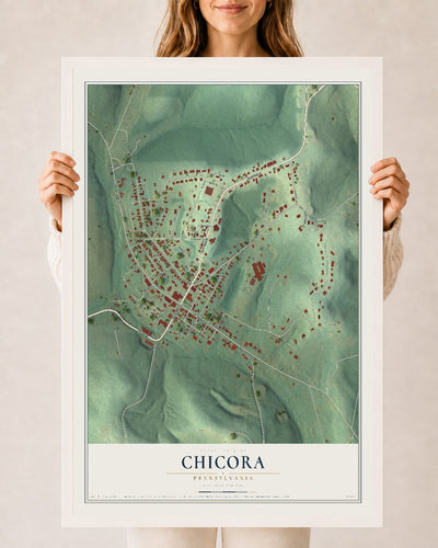 Map of Chicora, Pennsylvania, 24 x 36 inch print in a white wood frame
