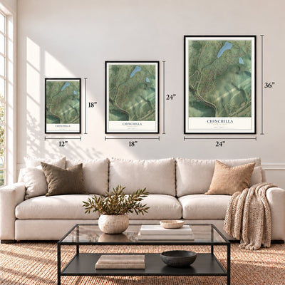 Chinchilla, Pennsylvania map in 12 x 18, 18 x 24 and 24 x 36 inch sizes above a sofa