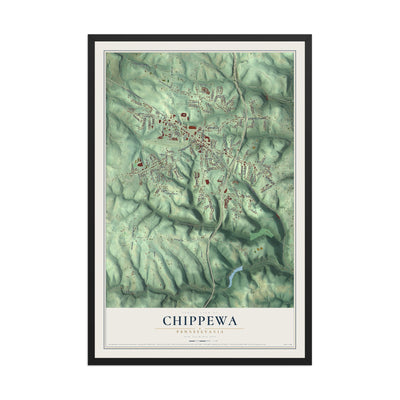 Map of Chippewa, Pennsylvania, 12 x 18 inch print in a black wood frame