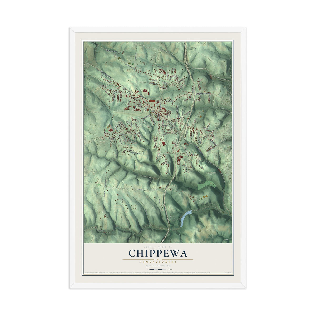 Map of Chippewa, Pennsylvania, 12 x 18 inch print in a white wood frame
