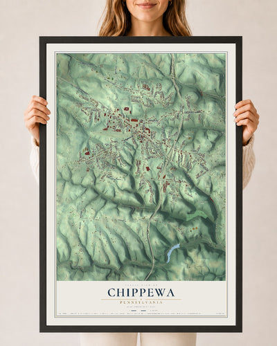 Map of Chippewa, Pennsylvania, 24 x 36 inch print in a black wood frame