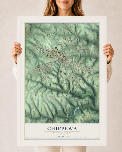 Map of Chippewa, Pennsylvania, 24 x 36 inch print in a white wood frame