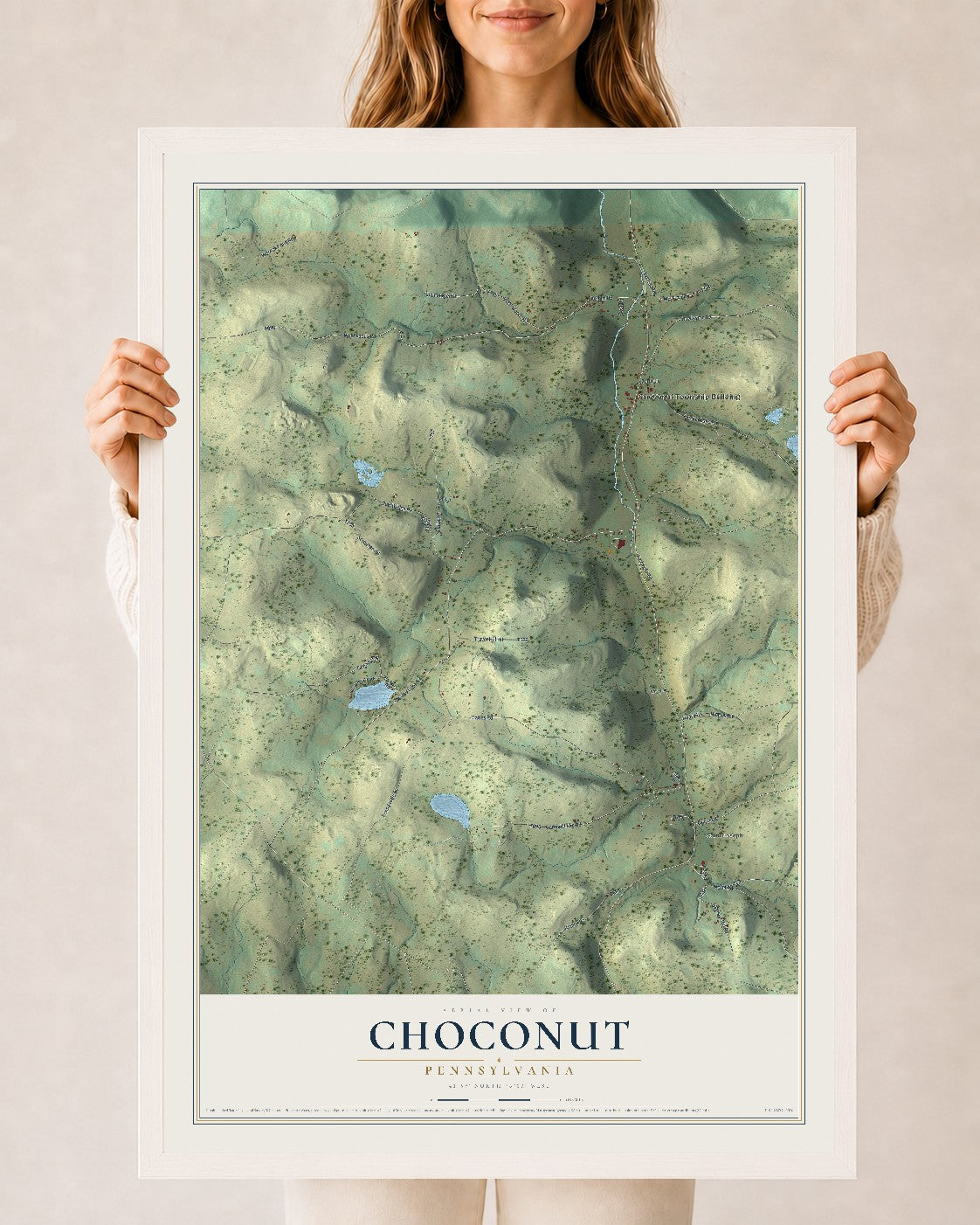 Map of Choconut, Pennsylvania, 24 x 36 inch print in a white wood frame