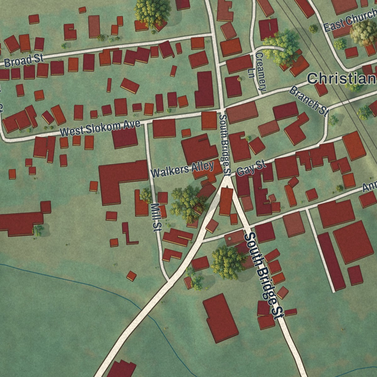 Close-up of the map of Christiana, Pennsylvania print showing street and building detail