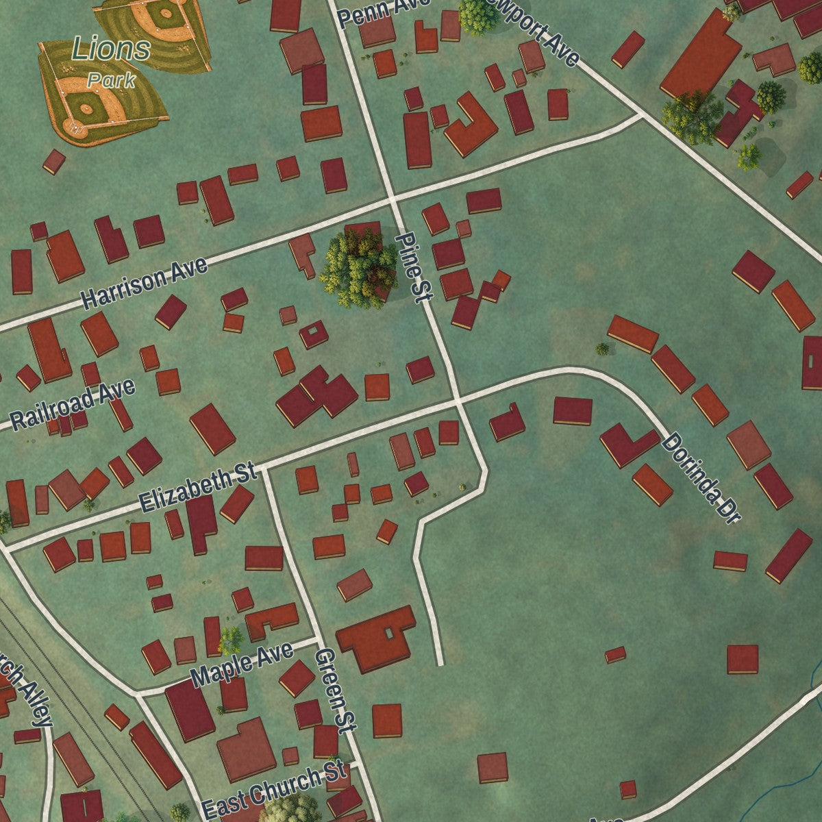 Second close-up of the map of Christiana, Pennsylvania print showing more streets and buildings