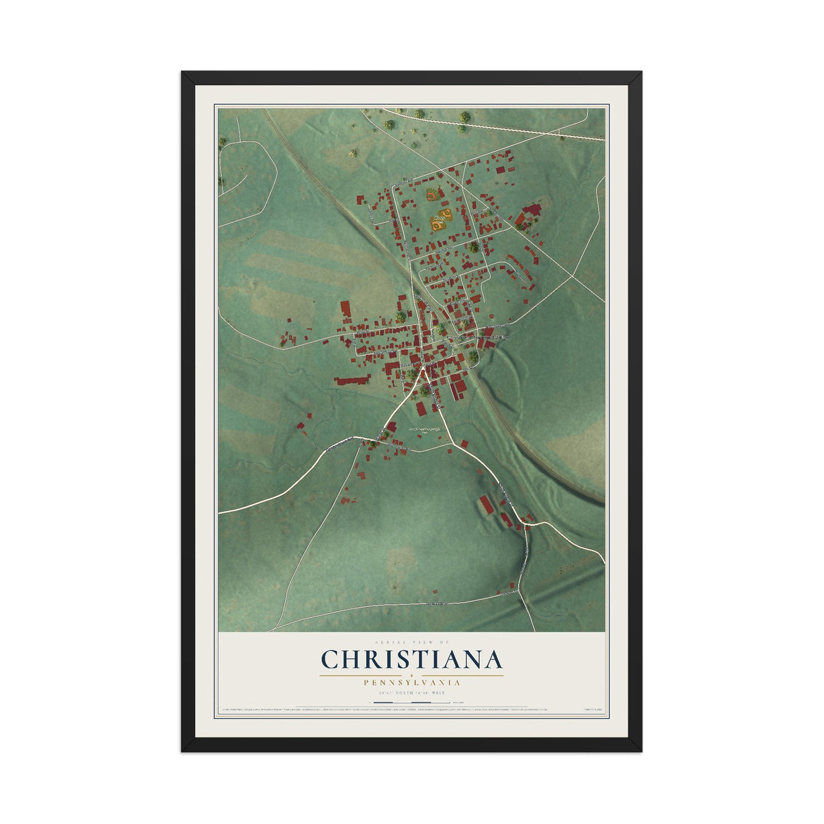 Map of Christiana, Pennsylvania, 12 x 18 inch print in a black wood frame