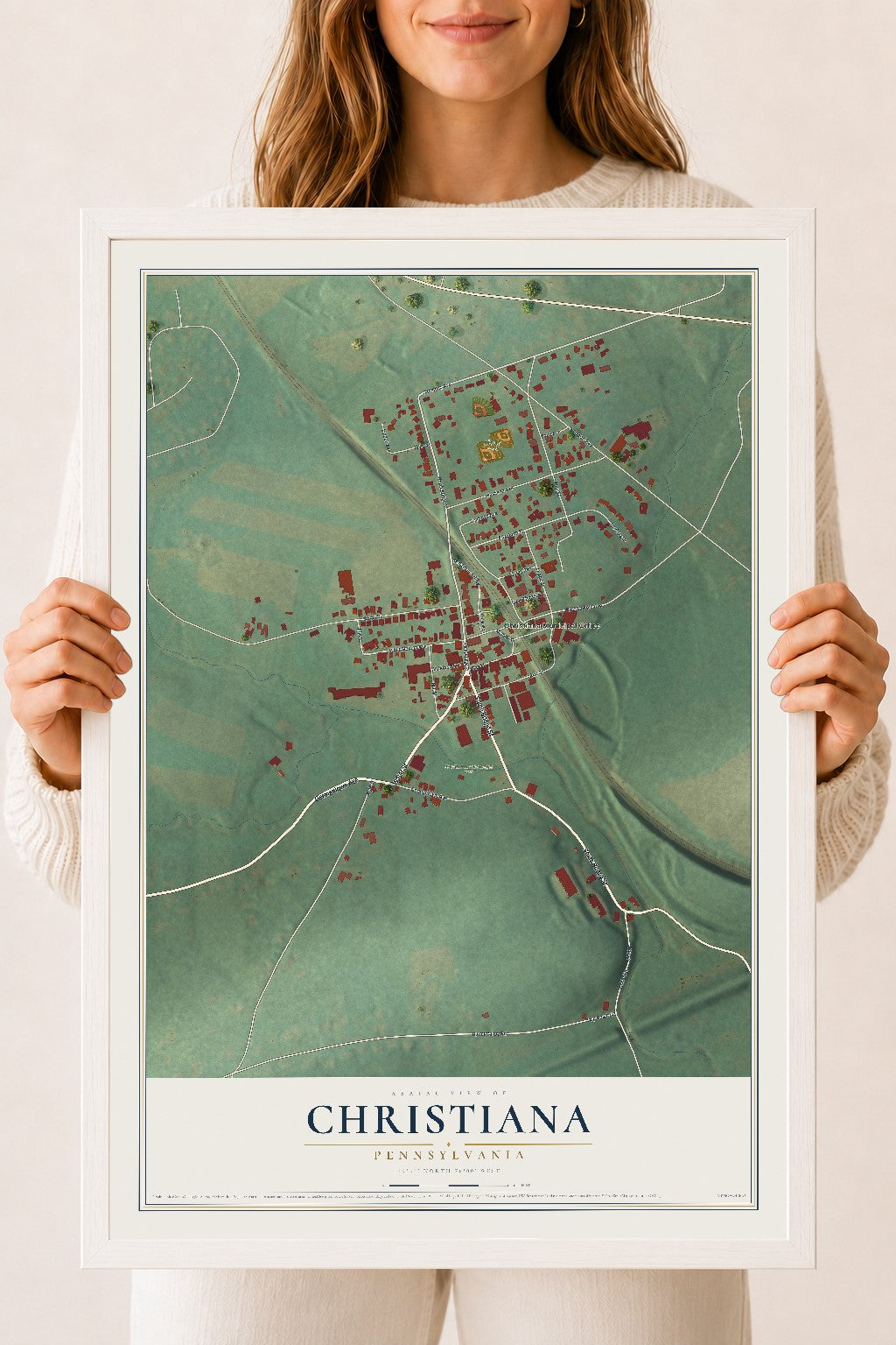 Map of Christiana, Pennsylvania, 18 x 24 inch print in a white wood frame