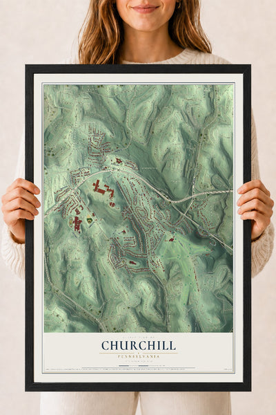Map of Churchill, Pennsylvania, 18 x 24 inch print in a black wood frame