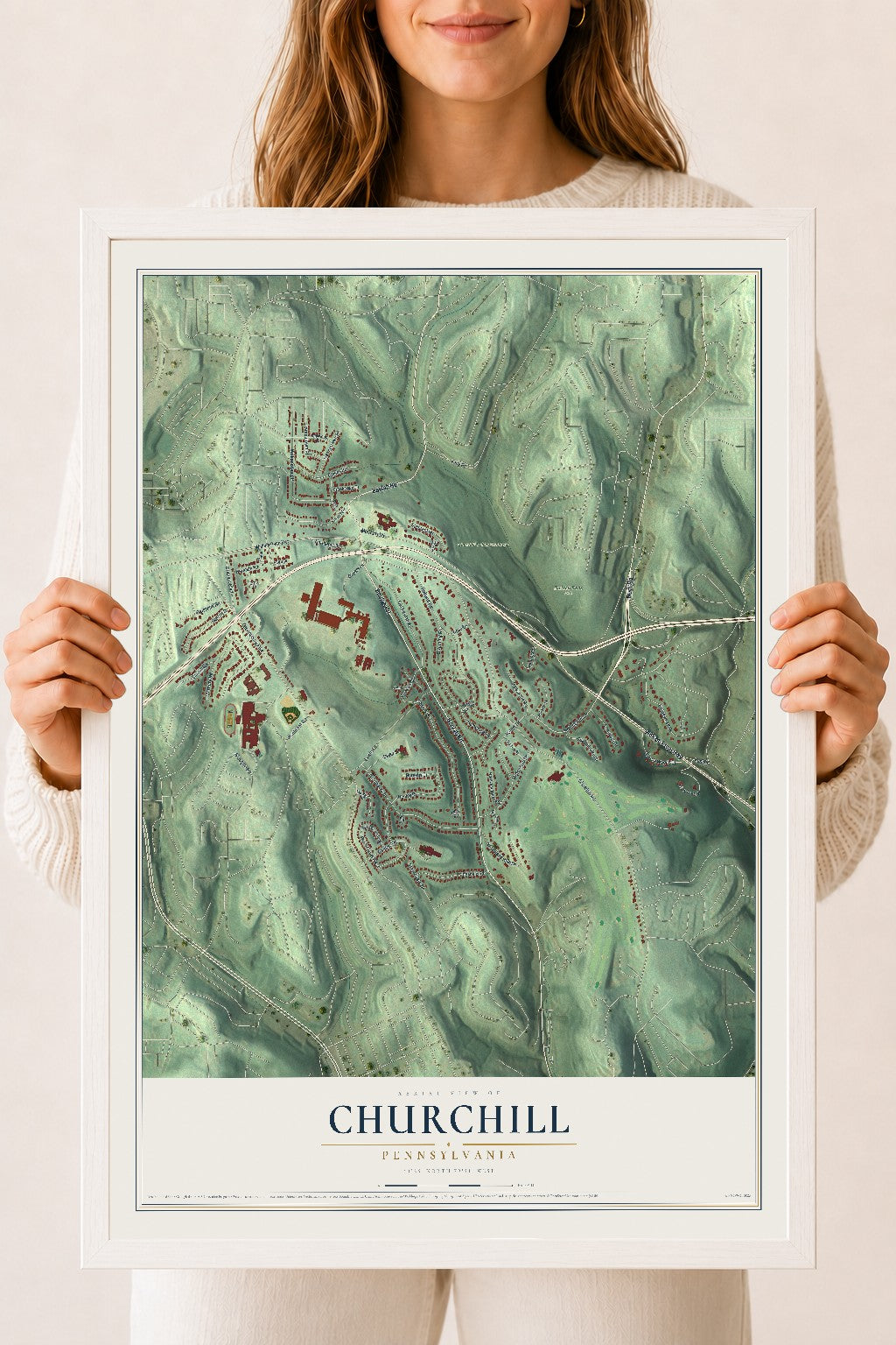 Map of Churchill, Pennsylvania, 18 x 24 inch print in a white wood frame