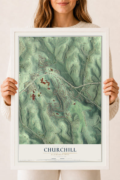 Map of Churchill, Pennsylvania, 18 x 24 inch print in a white wood frame