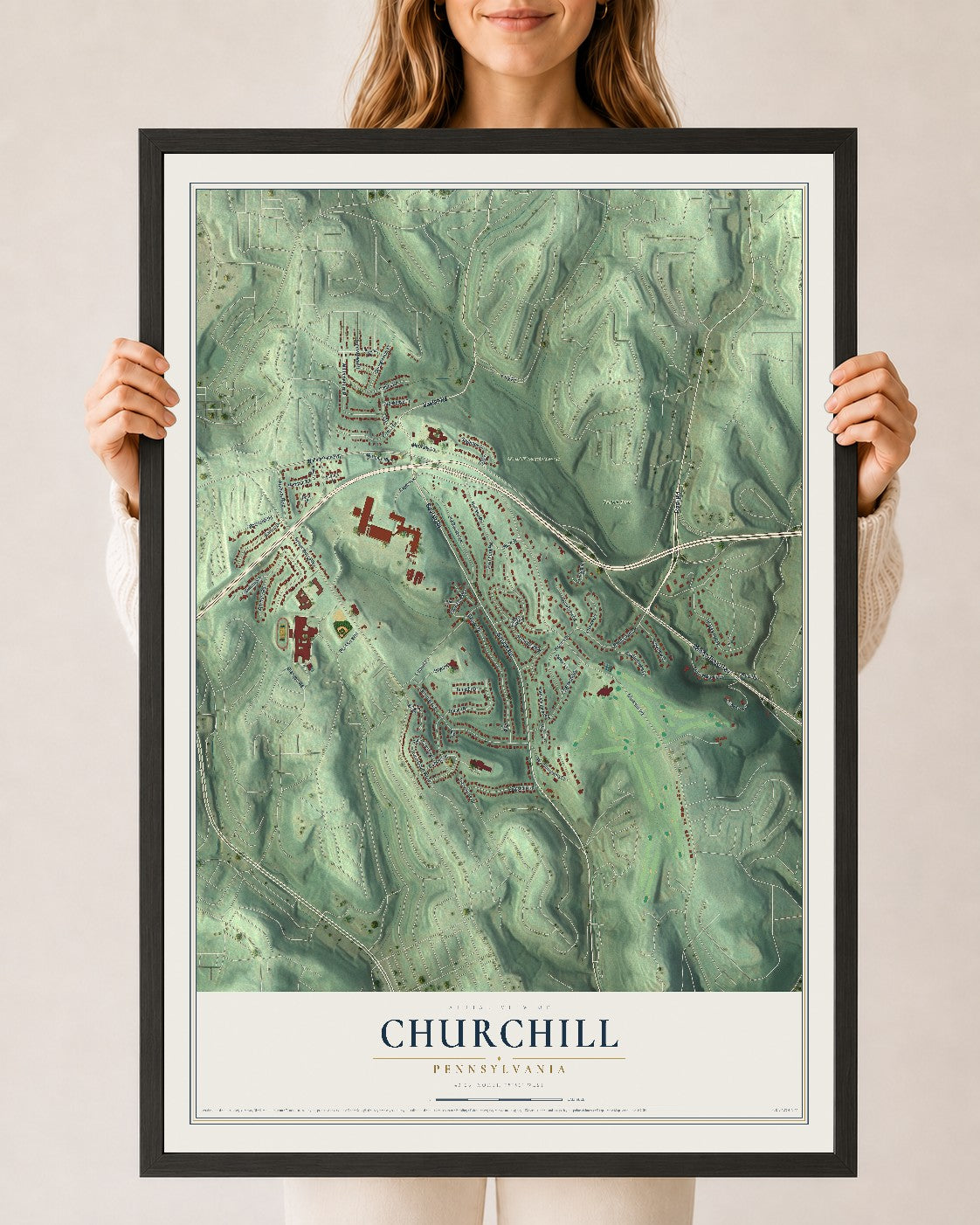 Map of Churchill, Pennsylvania, 24 x 36 inch print in a black wood frame