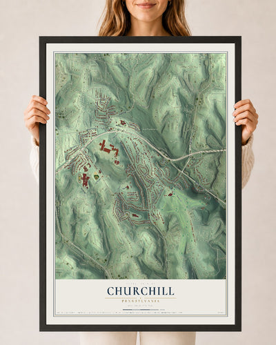 Map of Churchill, Pennsylvania, 24 x 36 inch print in a black wood frame