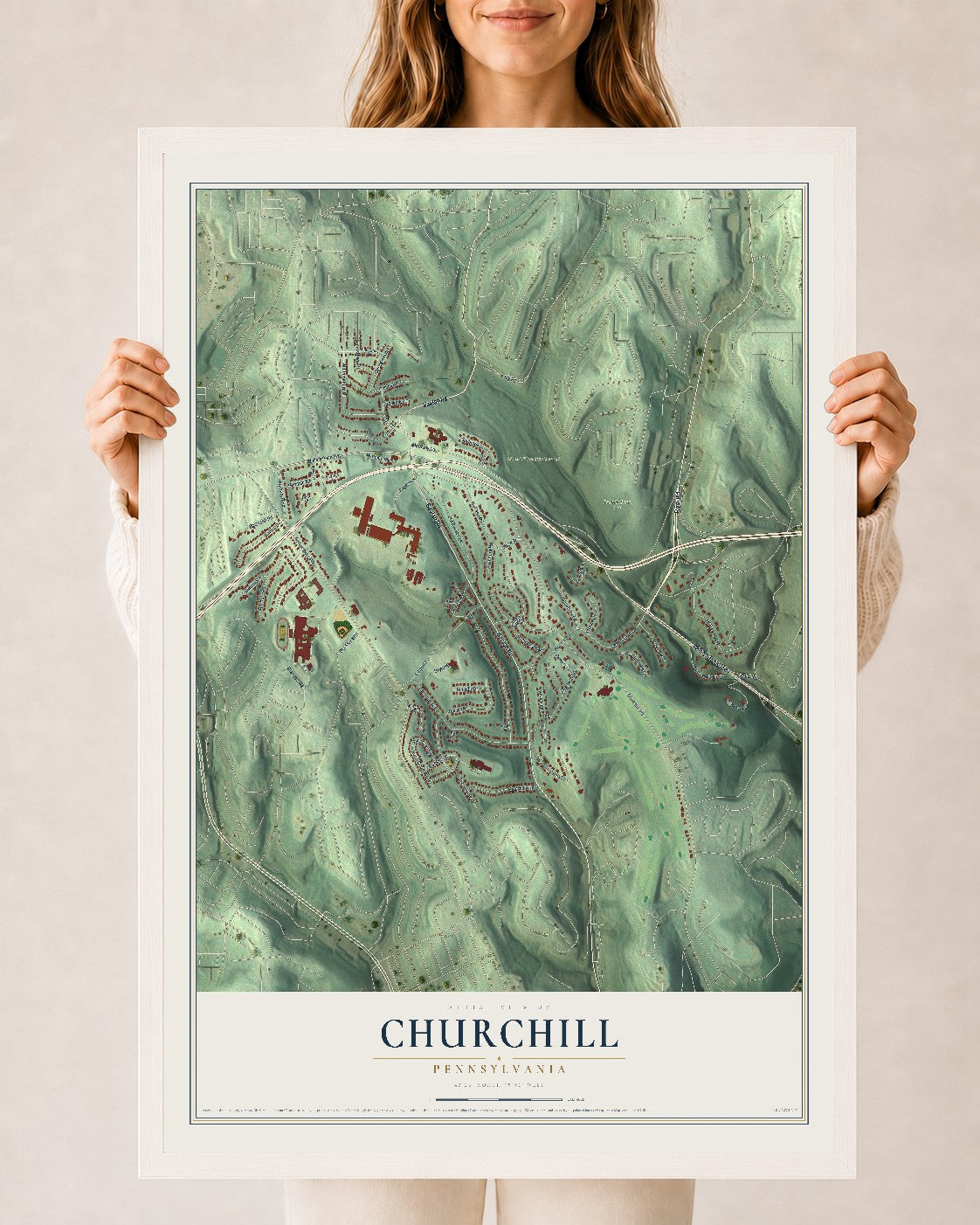 Map of Churchill, Pennsylvania, 24 x 36 inch print in a white wood frame
