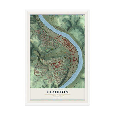 Map of Clairton, Pennsylvania, 12 x 18 inch print in a white wood frame