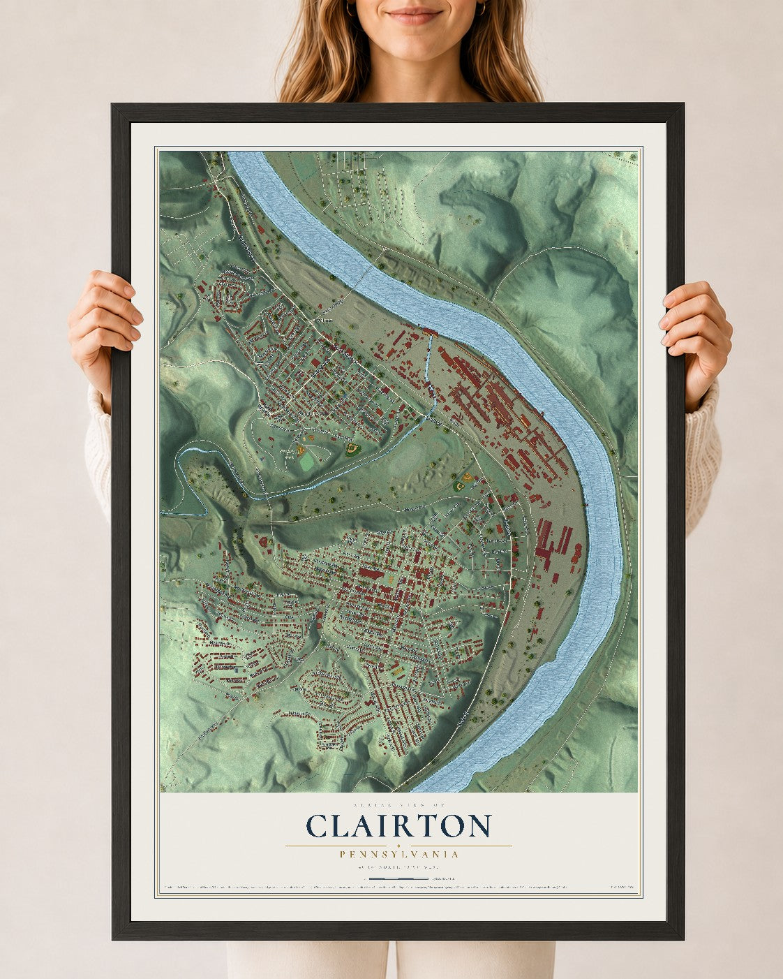 Map of Clairton, Pennsylvania, 24 x 36 inch print in a black wood frame