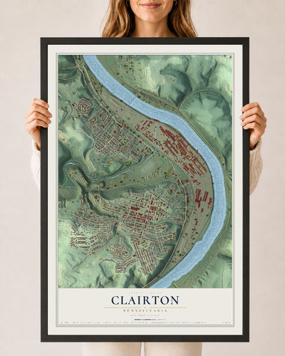 Map of Clairton, Pennsylvania, 24 x 36 inch print in a black wood frame