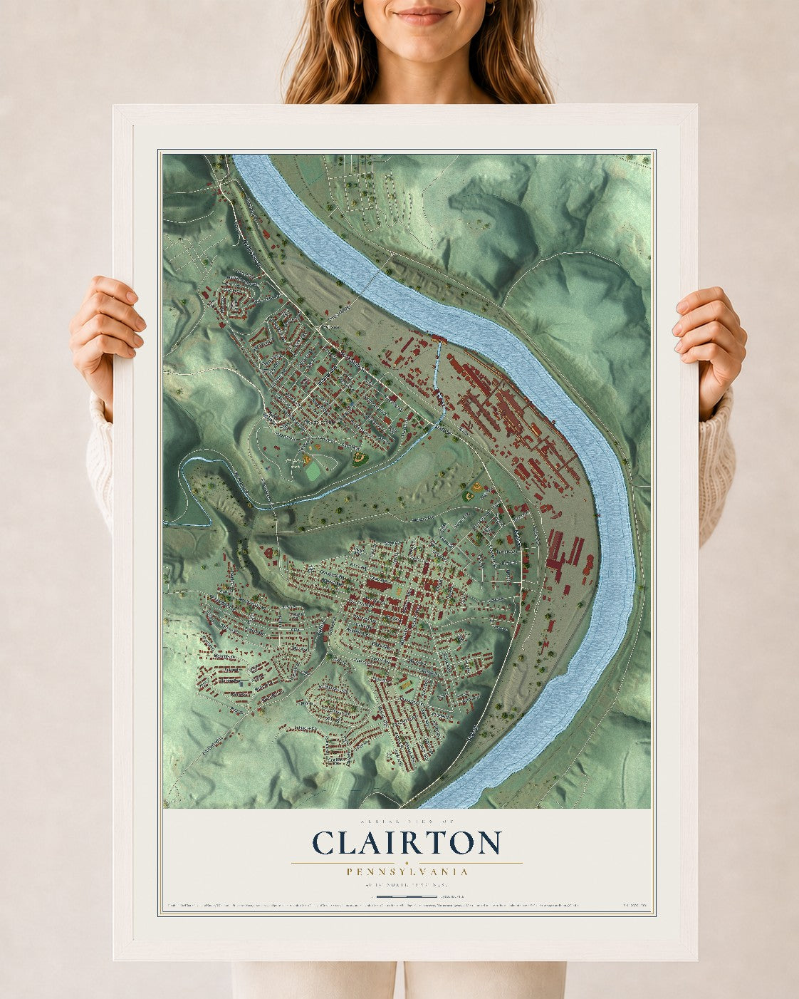 Map of Clairton, Pennsylvania, 24 x 36 inch print in a white wood frame