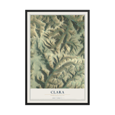 Map of Clara, Pennsylvania, 12 x 18 inch print in a black wood frame