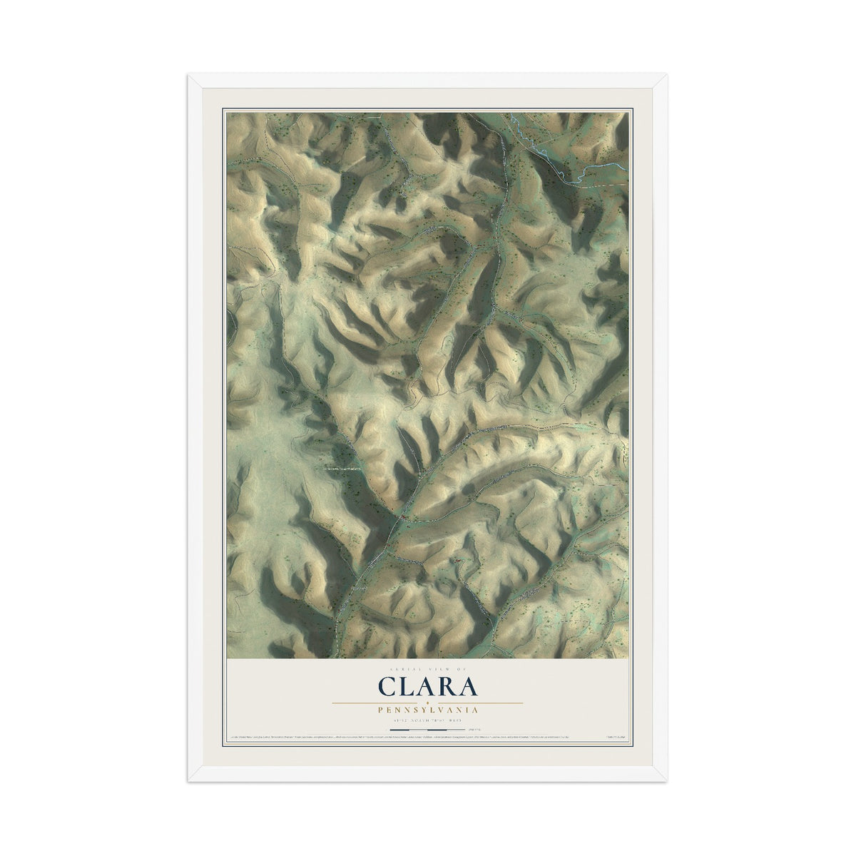 Map of Clara, Pennsylvania, 12 x 18 inch print in a white wood frame