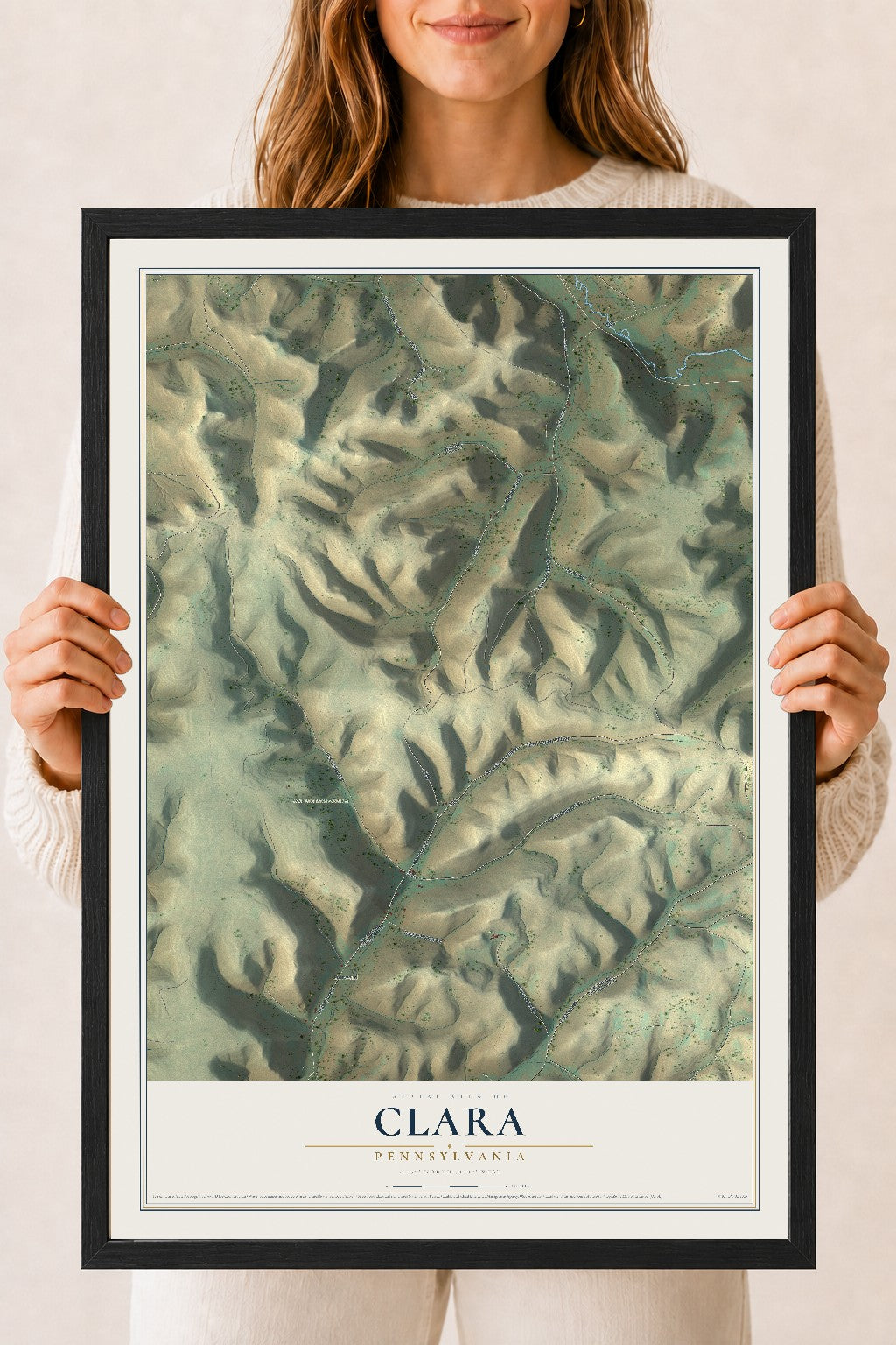 Map of Clara, Pennsylvania, 18 x 24 inch print in a black wood frame