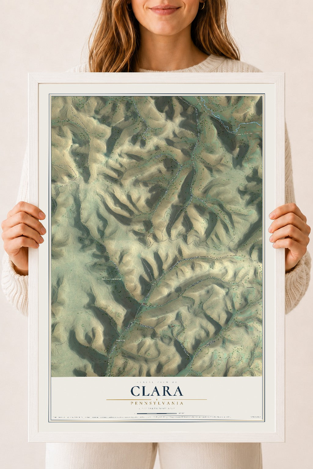 Map of Clara, Pennsylvania, 18 x 24 inch print in a white wood frame