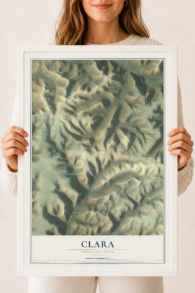 Map of Clara, Pennsylvania, 18 x 24 inch print in a white wood frame