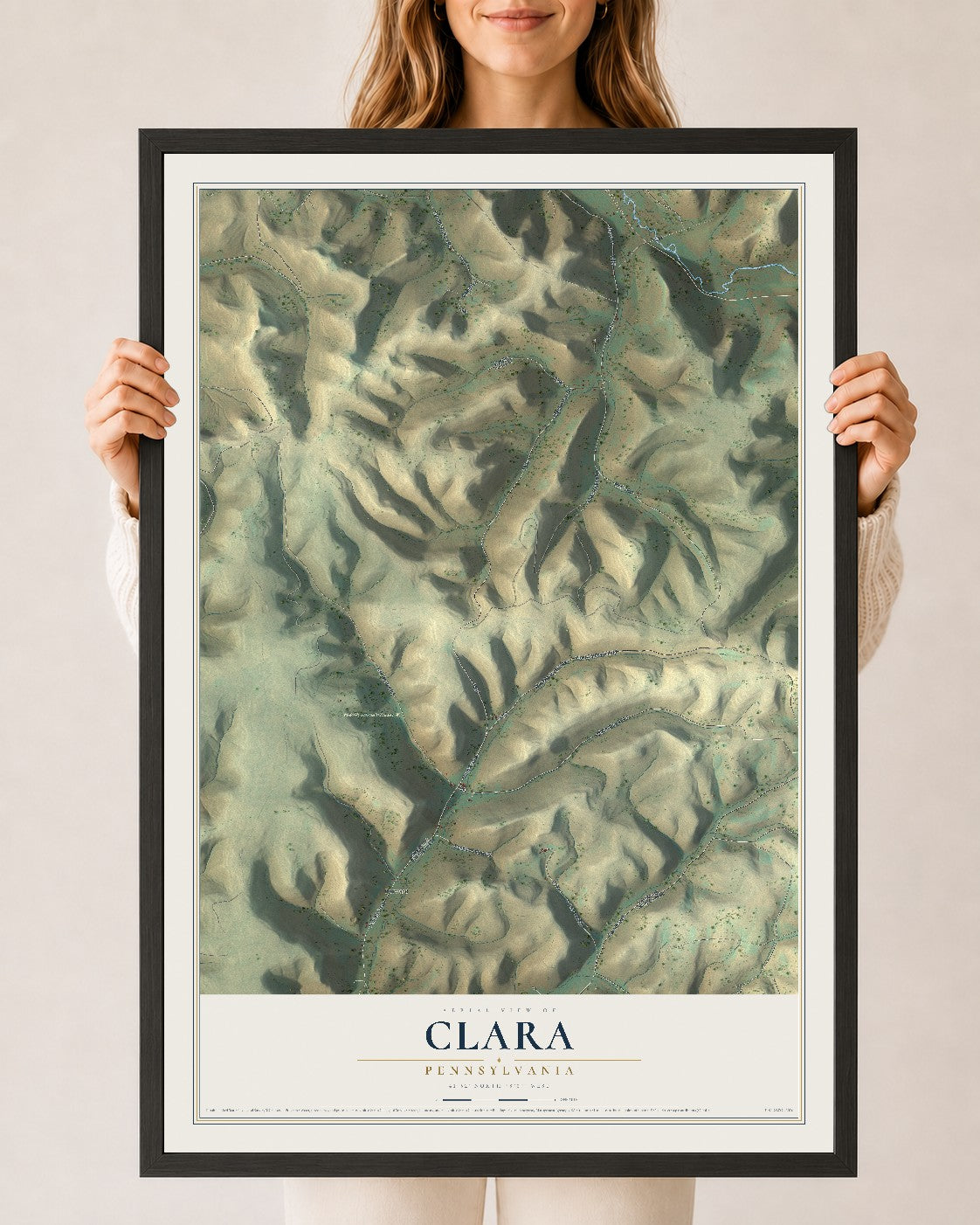 Map of Clara, Pennsylvania, 24 x 36 inch print in a black wood frame
