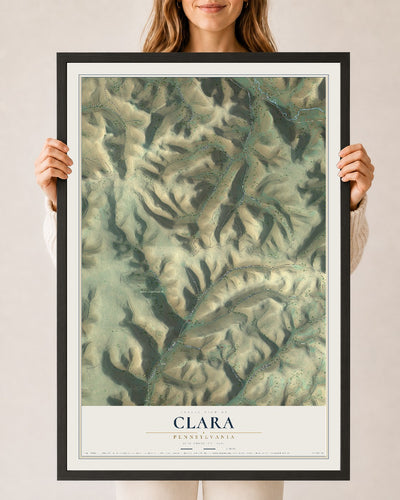 Map of Clara, Pennsylvania, 24 x 36 inch print in a black wood frame