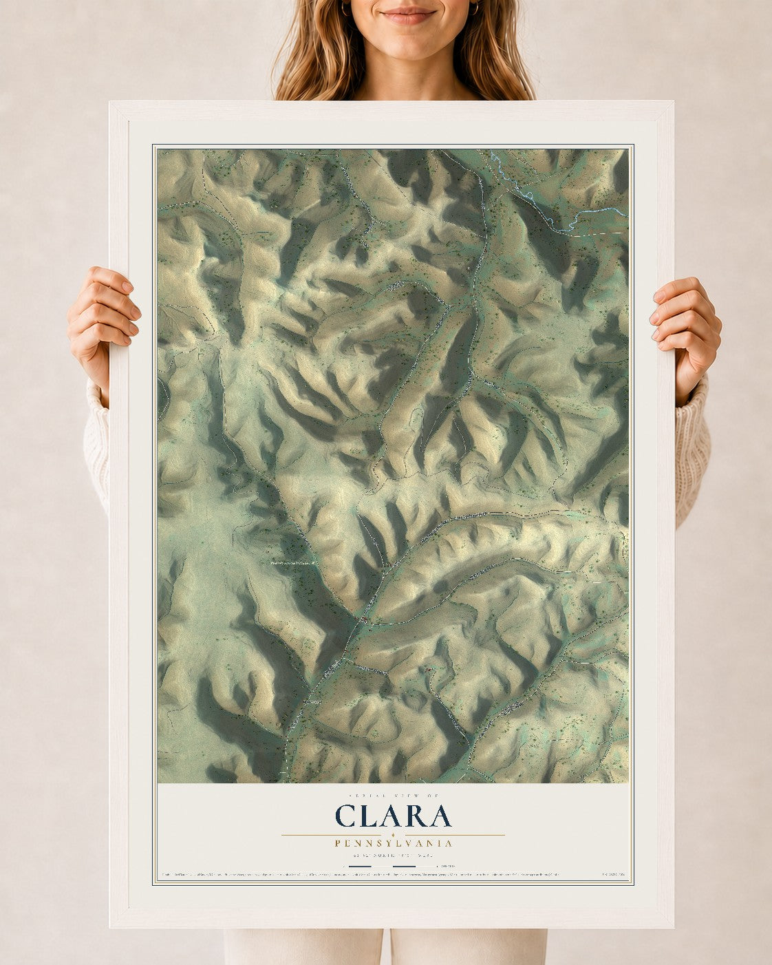 Map of Clara, Pennsylvania, 24 x 36 inch print in a white wood frame